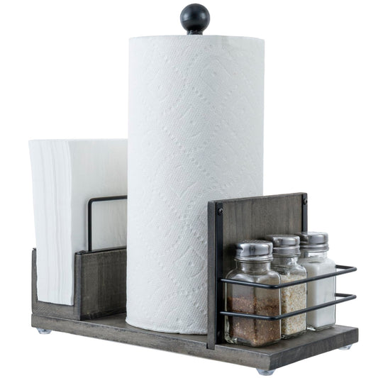 Rustic Gray Wood Paper Towel & Napkin Holder with Spice Rack Holder