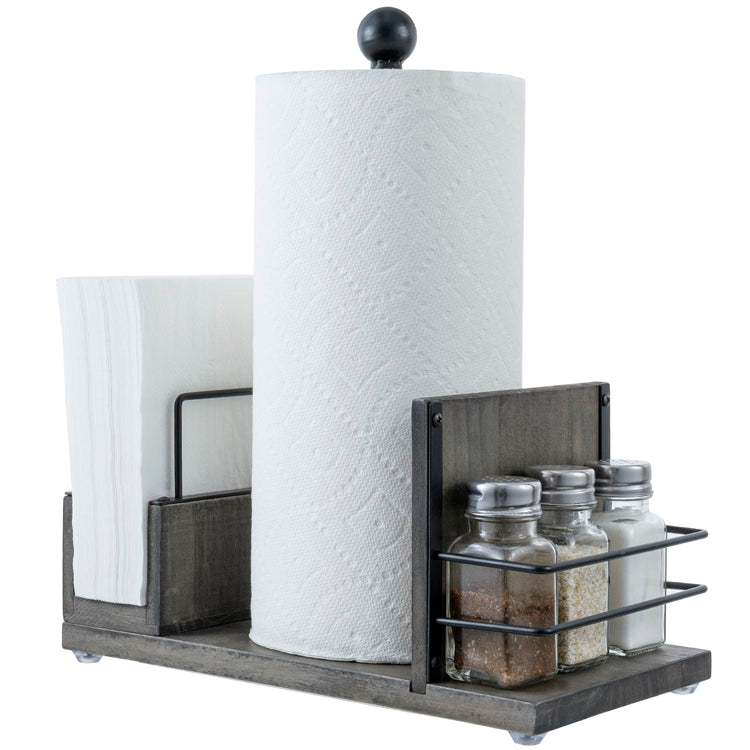 Rustic Gray Wood Paper Towel & Napkin Holder with Spice Rack Holder