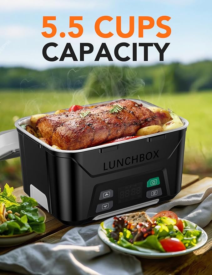 EAST OAK 5.5-Cup Cordless Electric Lunch Box for Adults, Heated Lunch Box for Men with Scheduled Heating, Portable Car Food Warmer with Utensils, One-Tier Bag, Removable Divider