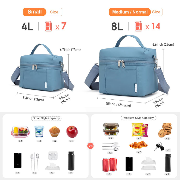 NOL Insulated Lunch Bags for Women Cooler Bag Lightweight Nylon Waterproof Lunch Box for Work Dusty Blue Small 4L