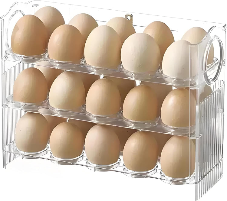 Auto-Flip egg storage for refrigerator，side fridge storage rack egg tray for refrigerator，Eggs Holder Countertop with Timers, Space-Saving Eggs Dispenser for Refrigerator, 30 Eggs Container for