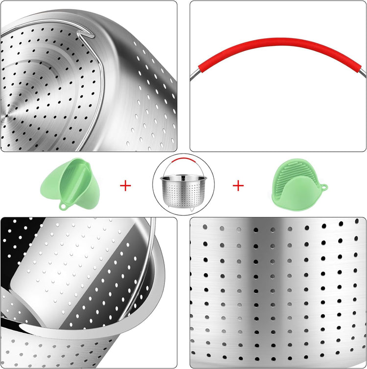 REDANT Steamer Basket for Instant Pot Accessories 3 qt - Strainer and Colander for Kitchen - Stainless Steel Vegetable Steamer for Cooking Broccoli, Pasta, Quinoa - with 2 Silicone Gloves, 3 Quart