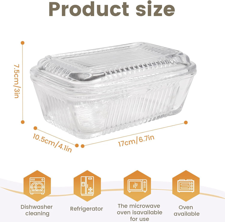 Wide Glass Butter Dish with Two Stick Butter for Countertop,Crystal Butter Container with Cover for Counter,Butter Tray Holder for Refrigerator,Large Glass Butter Keeper
