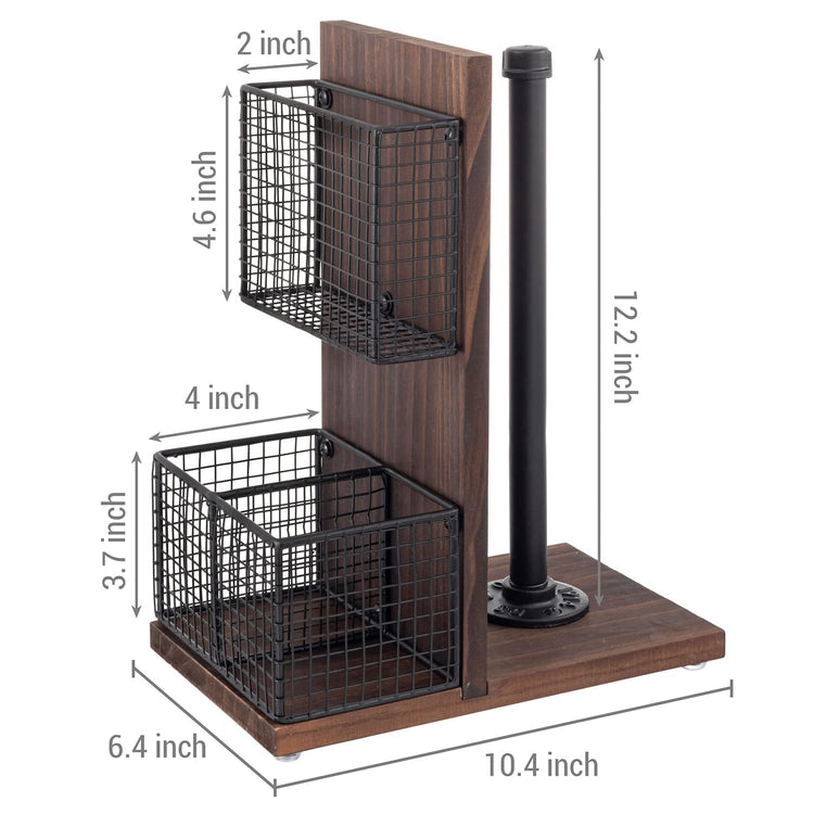 3-in-1 Kitchen Organizer with Paper Towel Holder, Napkin Holder & Spice Rack - Rustic Wood & Industrial Metal Pipe Caddy for Farmhouse Dining Table