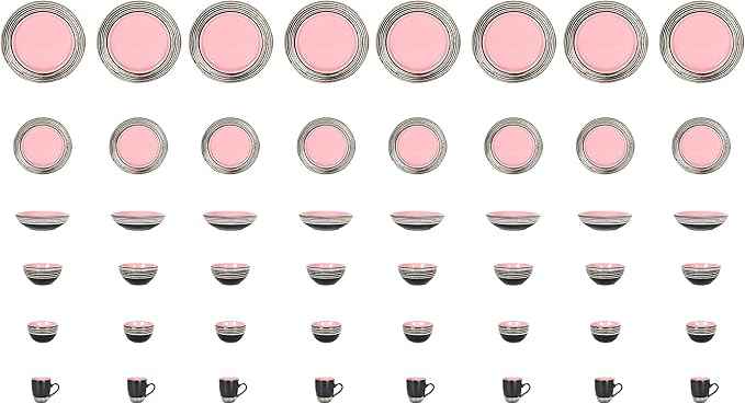 48 Piece Dinnerware Set, Ceramic Plates and Bowls Sets for 8, Microwave and Dishwasher Safe, Handcrafted Tree Bark Series Dish Set, Rose/Pink