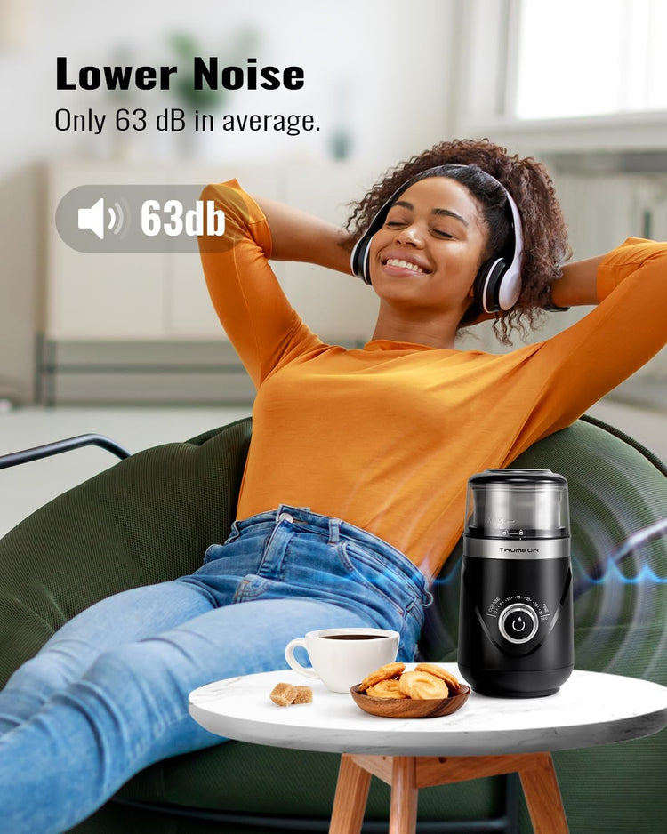 Electric Coffee Grinder with Timing Knob, Electric Quiet Grinder, High-Speed Bean and Spice Grinder with Removable Stainless Steel Bowl, Black