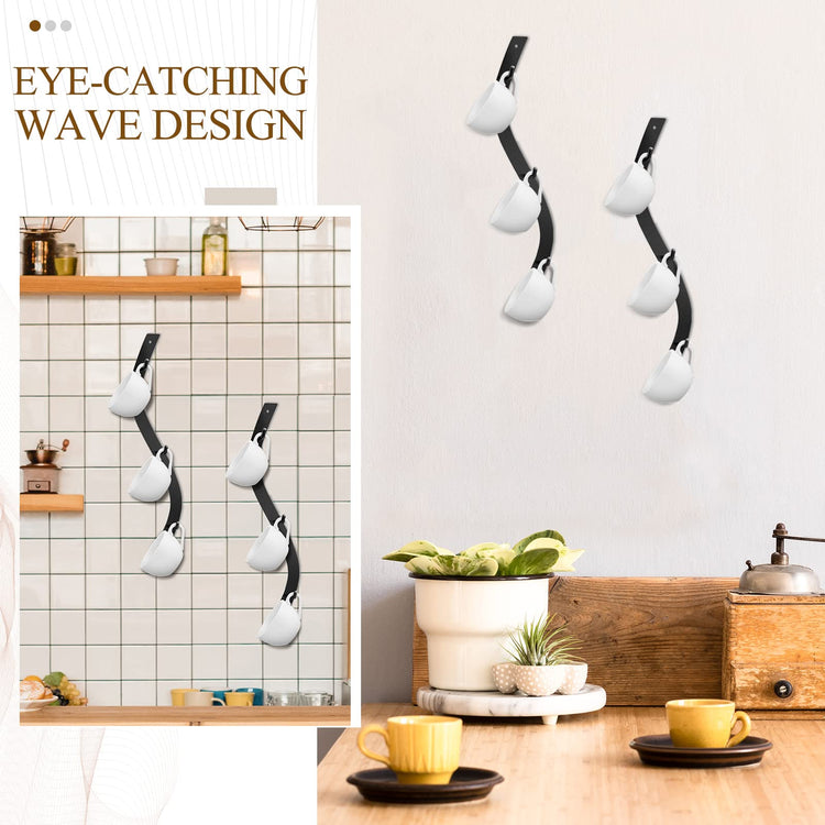 4 Pack Coffee Mug Wall Rack Mounted with 12 Hooks S Curve Metal Coffee Cup Rack Wall Hanging Holder for Bar Kitchen Corner Station Decor Display (4 Count)