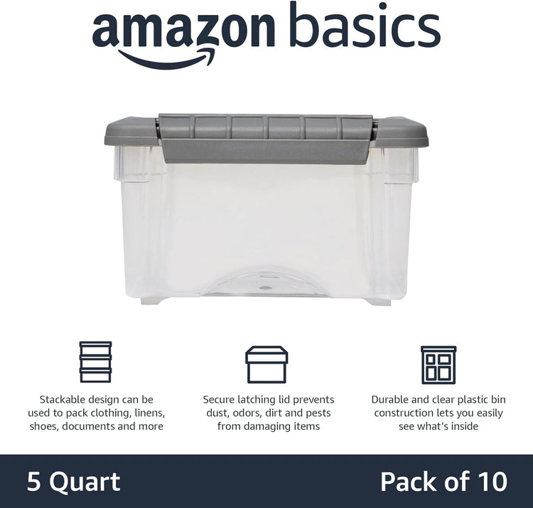 Amazon Basics Plastic Storage Containers with Secure Latching Lids, Stackable Organization Bins, Clear/Grey, 5 Quart, Set of 10