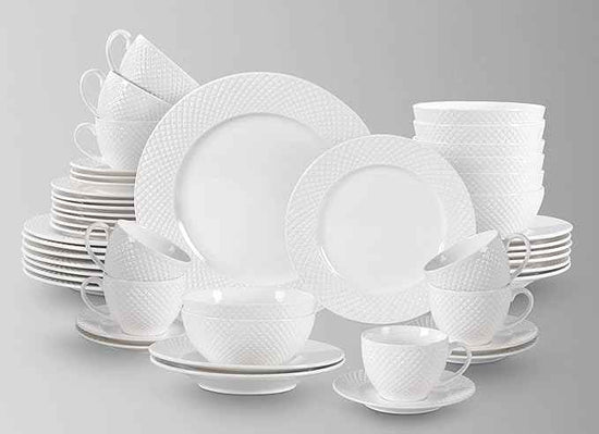 HomeVss, New Bone China Dinnerware Set, Embossed Diamond Design, 48pc Set