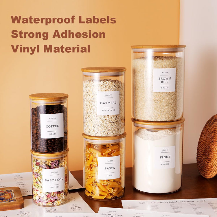 Set of 6 Glass Flour and Sugar jars with 132 Kitchen Pantry Labels