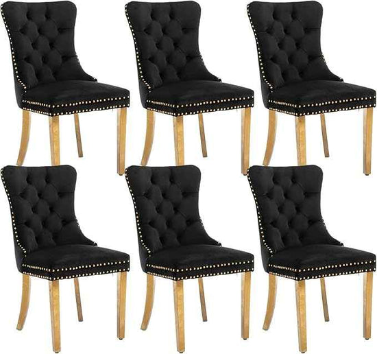 Black Dining Chairs Set of 6,Velvet Upholstered Dining Room Chairs with Back Ring Pull Trim and Golden Stainless Steel Legs,Modern Dining Chairs Perfect for Dining Room,Kitchen(Black)