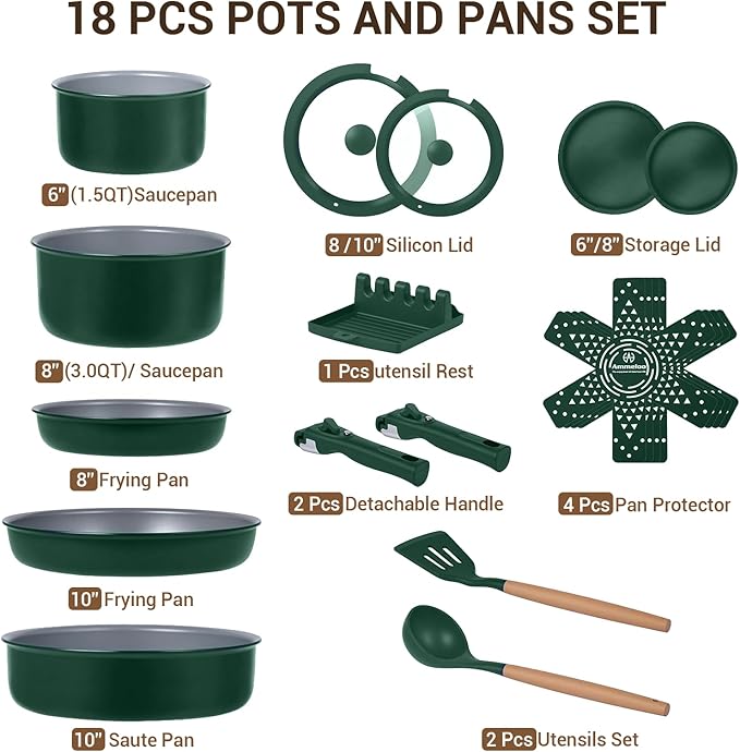 Ammeloo 18-Piece Ceramic Pots and Pans Set Non Stick, Non Toxic Cookware Set with Removable Handles, Pot Sets for Cooking, Induction Ready, Dishwasher & Oven Safe, PFAS PFOA & PTFE Free (Hunter Green)