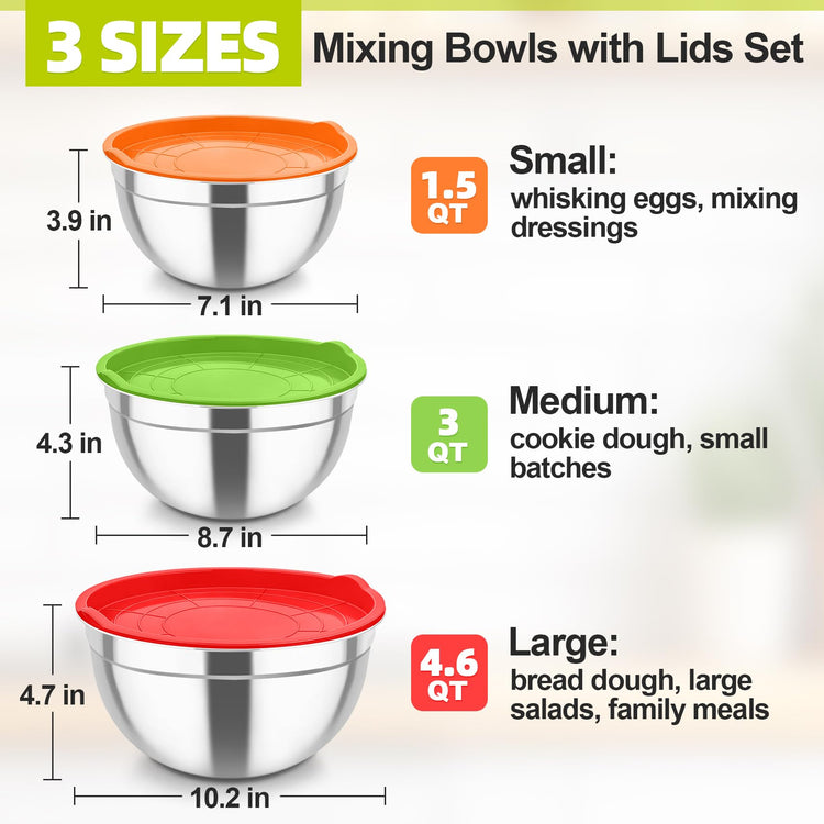 Mixing Bowls Stainless Steel Nesting Salad Bowls & Airtight Lids (3 Count)