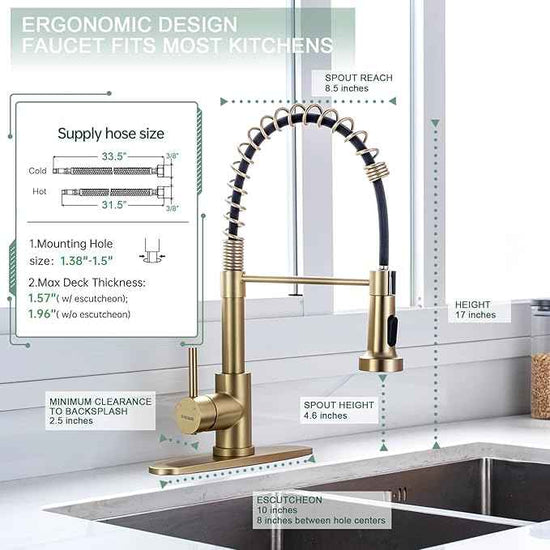 WEWE Brushed Gold Kitchen Faucet with Pull Down Sprayer, RV Brass Kitchen Faucet Stainless Steel Single Handle Spring Faucet with Deck Plate for Farmhouse Utility bar Laundry Sinks