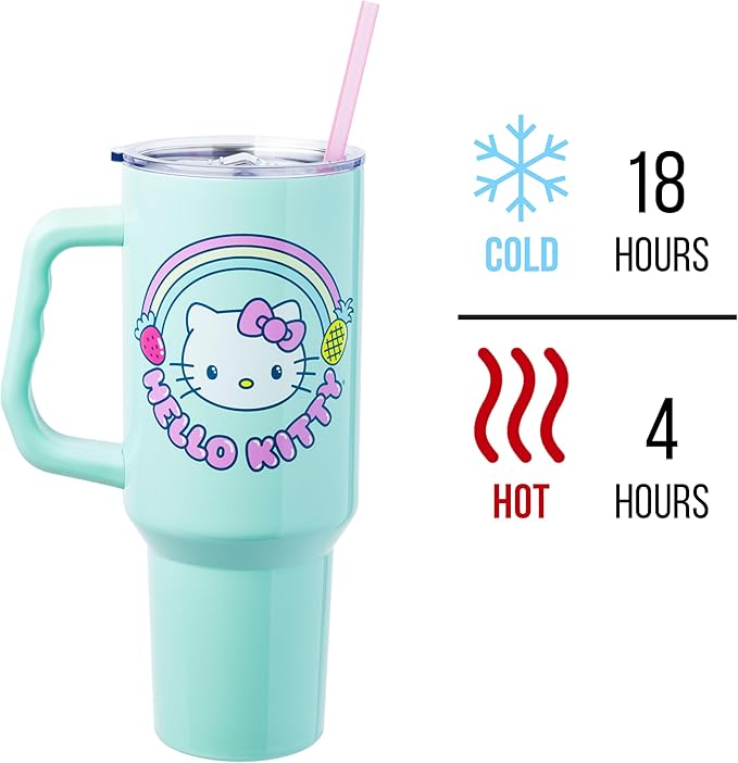 Silver Buffalo Sanrio Hello Kitty Kawaii Strawberry, Pineapple, and Rainbows Stainless Steel Tumbler with Handle and Straw, Fits in Standard Cup Holder, 40 Ounces (Pack of 12)