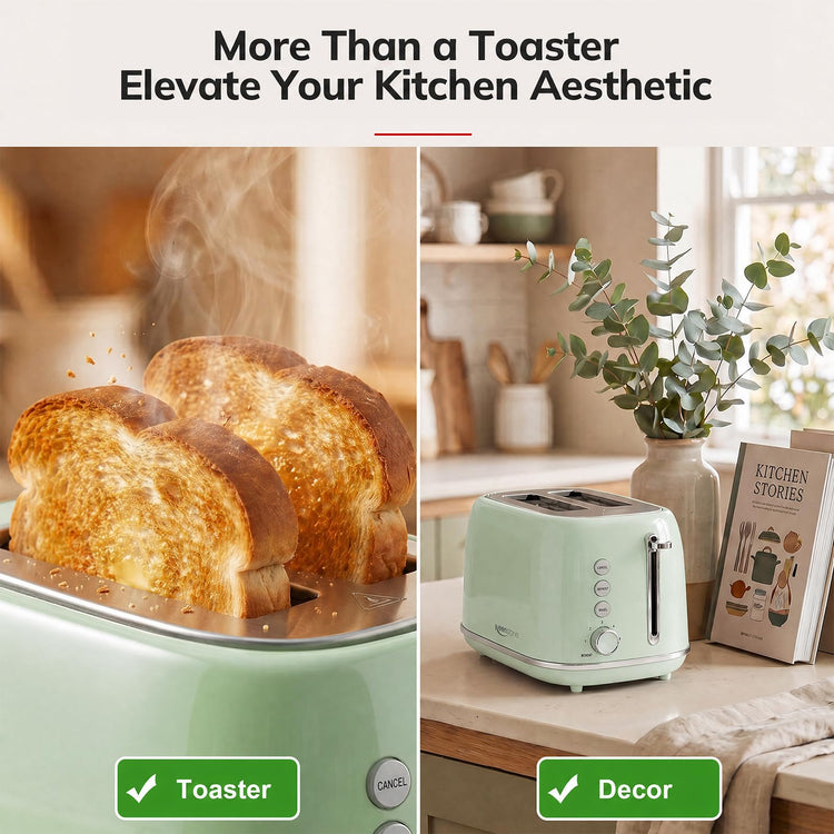 2 Slice Stainless Steel Toaster Retro with 6 Bread Shade Settings