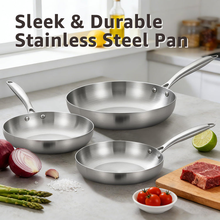 8”/9.5”/11” Stainless Steel Pans Set with Lid, Riveted Handle