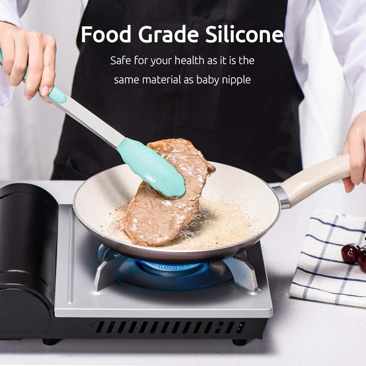 Kitchen Tongs, U-Taste 7/9/12 inches Cooking Tongs, with 600ºF High Heat-Resistant Non-Stick Silicone Tips, 18/8 Stainless Steel Handle, for Food Grill, Salad, BBQ, Frying, Serving, Pack of 3(Teal)
