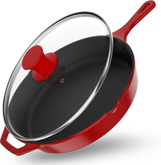 Utopia Kitchen Saute Frying Pan 12 Inch, Cast Iron Chefs Pan, Pre Seasoned Cast iron Skillet With Lid, Safe Grill Cookware for Indoor & Outdoor Use, Red - Nestoria