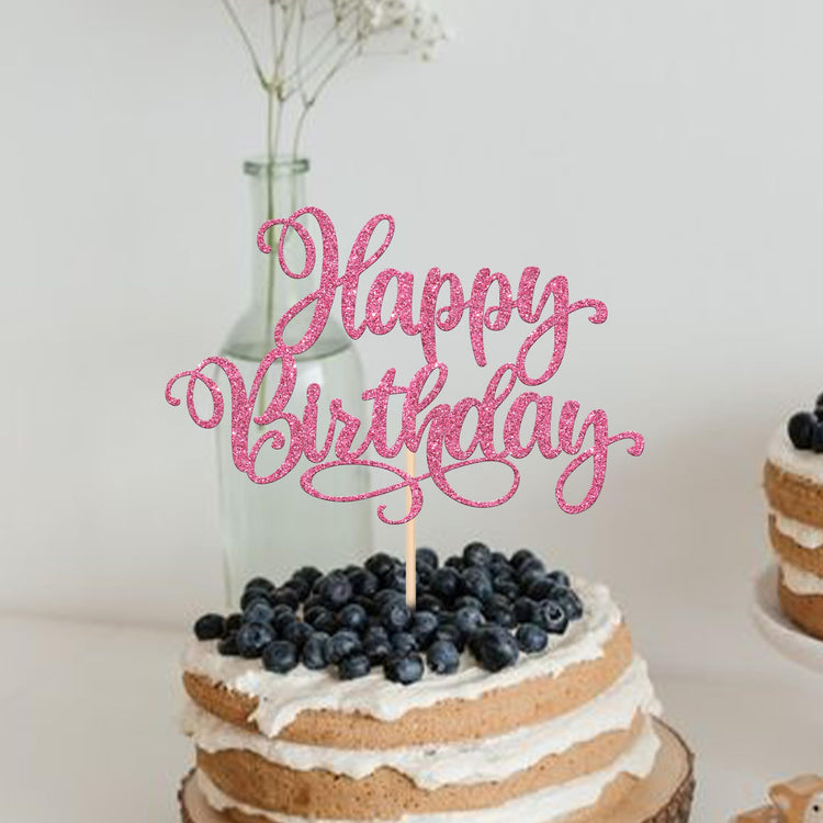 1 PCS Happy Birthday Cake Topper Glitter Happy Birthday Cake Pick for Celebrating Happy Birthday Anniversary Party Cake Decorations Supplies Pink