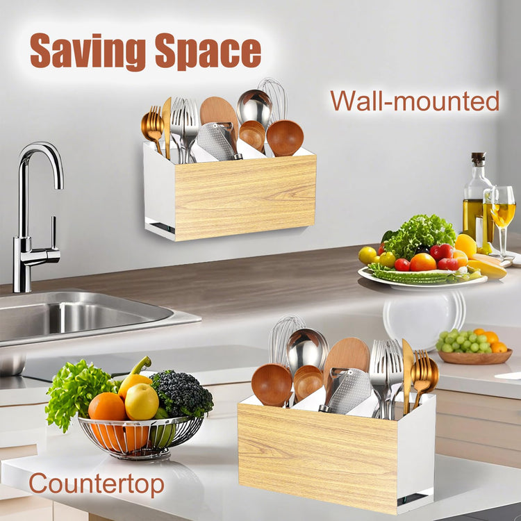 Utensil Holder Large Iron Flatware Container with 3 Compartments Countertop Wall