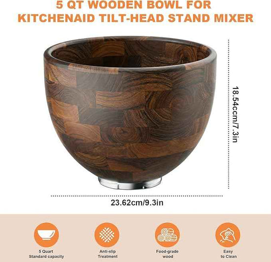 5 Qt Solid Wood Mixing Bowl Compatible with KitchenAid Tilt-Head Stand Mixer, Handcrafted Natural Wooden Bowl for 4.5-5 Qt K45SS KSM75 KSM150, Ideal for Bread Dough & Salads (Dark Brown)