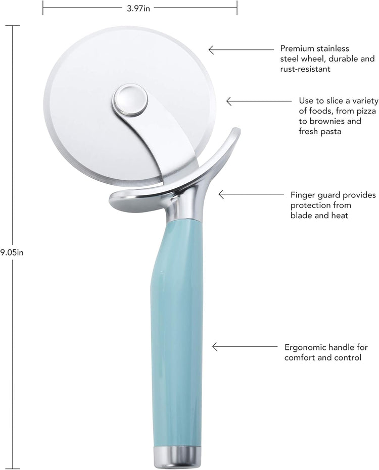 KitchenAid Classic Pizza Wheel with Sharp Blade For Cutting Through Crusts, Pies and More, Built In Finger Guard for Safety and Comfort Grip to Protect Fingers, Dishwasher Safe, 9-Inch, Aqua Sky