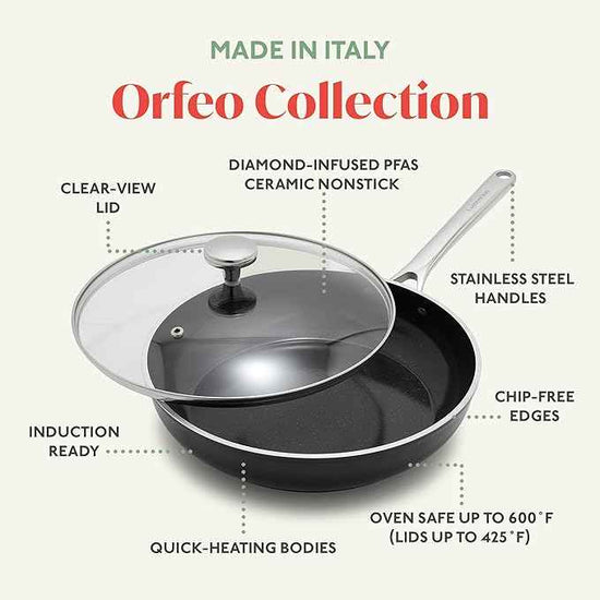 Orfeo 10 Piece Nonstick Cookware Set, Made in Italy, Diamond Ceramic PFAS-Free Pots & Pans, Induction Ready, Scratch Resistant, Laser-Fused Surface for Durability, Dishwasher Safe, Black