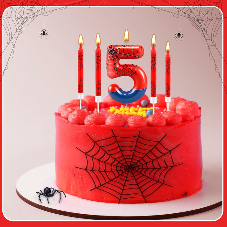 13 Pcs Spider Themed Birthday Candle Set Red Spider Theme Number 5 Candle Cake Topper for Boys Girls Birthday Decoration Spider Party Decoration Supplies (13 Count)