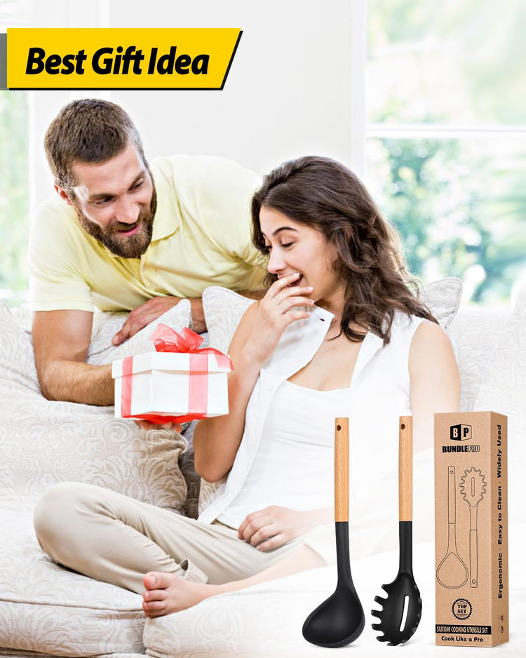 Silicone Pasta Fork and Ladle Spoon Set with Wooden Handle (2 Count)