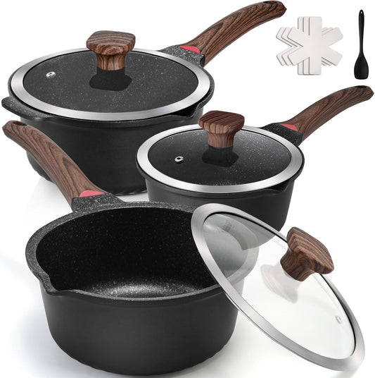 VINCHEF Sauce Pan Set with Lid 10PCS, 2QT+3QT+4QT Non Stick Sauce Pots Cooking Induction Pot set, Silicone Tools and Pot Protectors, PFAS and PFOA Free Black - Nestoria