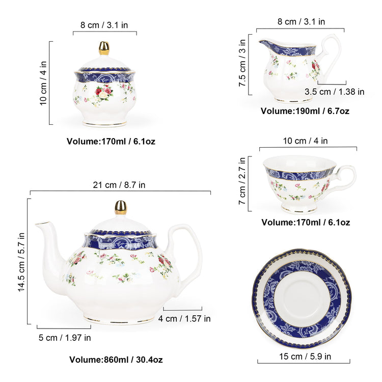 21 Piece Blue Lace and Roses Bone China Tea Sets for Adults (21 Count)