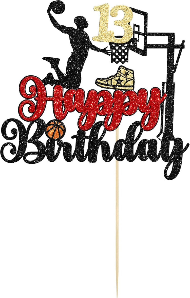 1Pc Happy 13th Birthday Basketball Cake Topper Glitter Basketball Sports Cake Pick Cheers to 13 Years Birthday Cake Decoration for 13th Party Supplies Black