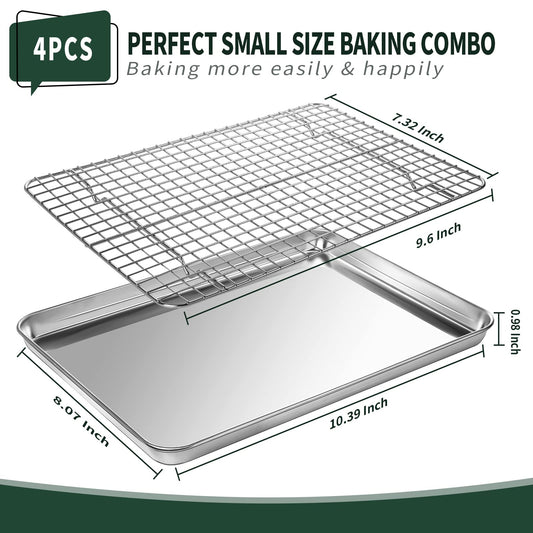 4 PCs Small Baking Sheet With Wire Rack Set [2 Pans + 2 Cooling Racks]