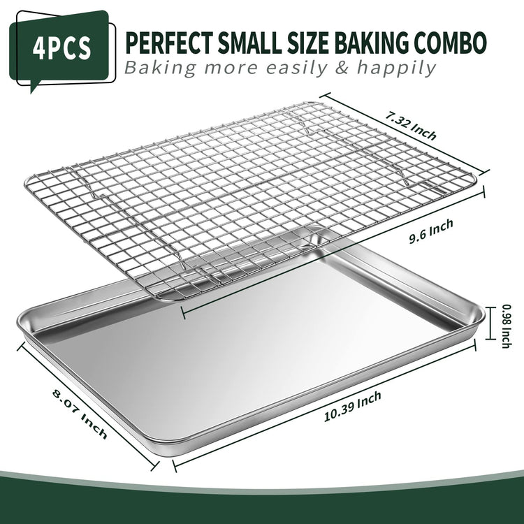 4 PCs Small Baking Sheet With Wire Rack Set [2 Pans + 2 Cooling Racks]
