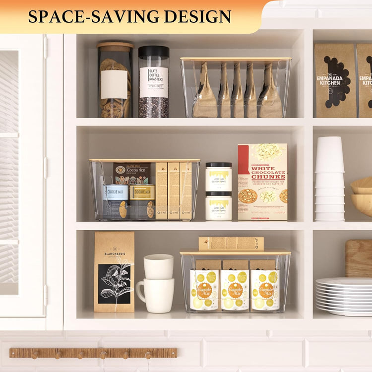 6 Pack Clear Stackable Storage Bins with Bamboo Lids, Plastic Storage Containers with Handle for Pantry, Bathroom, Kitchen, Closet, Cabinet, Fridge Organizer and Storage