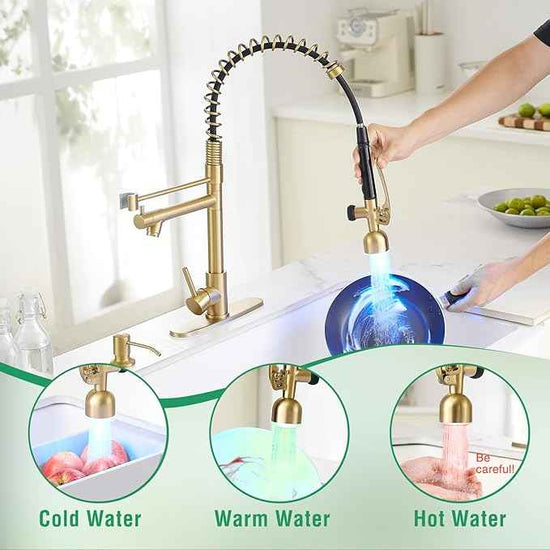 Fapully Commercial Kitchen Faucets with Pull Down Sprayer Brushed Gold LED Single Handle Faucet for Kitchen Sink, Kitchen Faucet with Soap Dispenser and Deck Plack for 4 Hole