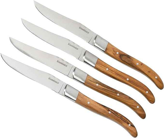 Bloomhouse 4-Piece German Stainless Steel Steak Knife Set – Premium Olive Wood Handle Steak Knives, Full-Tang Blades for Dining