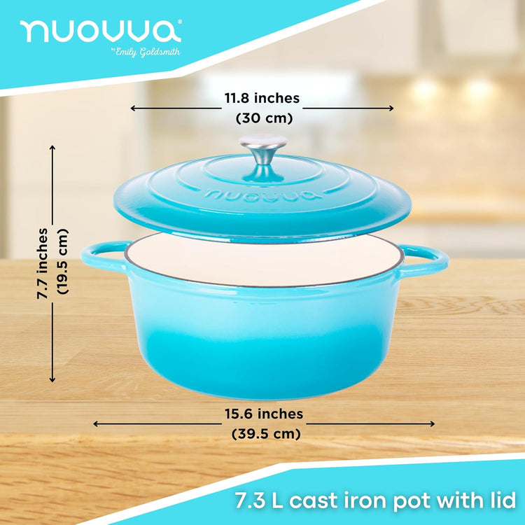 Cast Iron Dutch Oven with Lid – Non-Stick Ovenproof Enamelled Casserole Pot – Sturdy Dutch Oven Cookware – Blue, 7.3-Quart, 30cm – by Nuovva - Nestoria