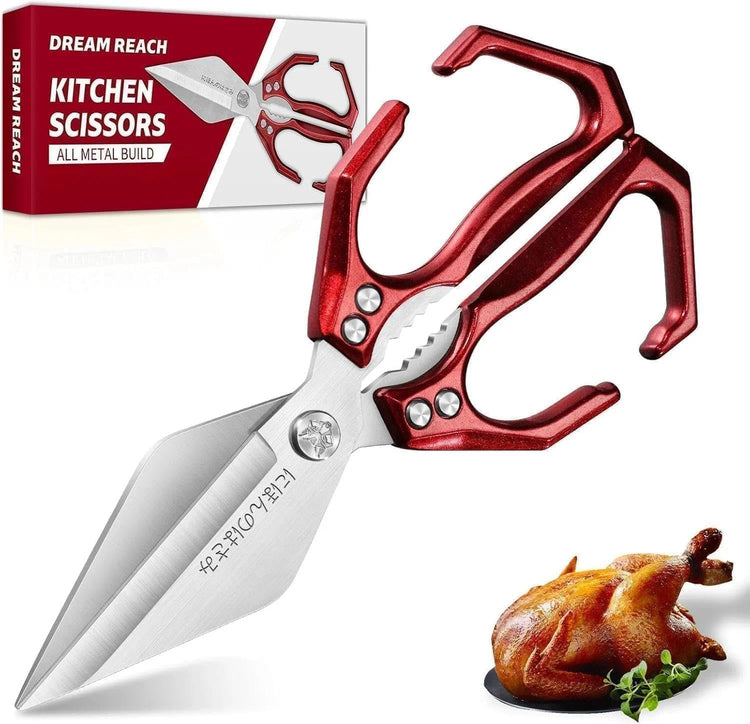 Heavy Duty Poultry Shears for Food with Red Ergonomic Handle