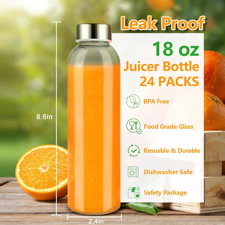 Zukro Glass Water Bottles with Lids 18 oz, 24 Pack Reusable Juice Bottles With Stainless Steel Airtight Cap for Juicing, Leak Proof Clear Drinking Jar Beverage storage container for Fridge, BPA Free