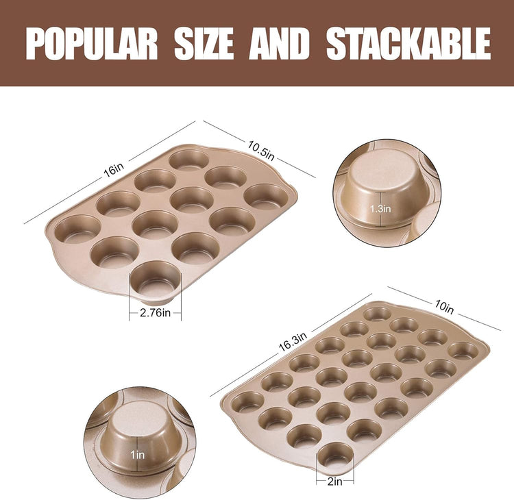 Nonstick Muffin & Cupcake Pan Set (2 Pack) - 12 Cup Regular + 24 Cup Mini Muffin Tins | Heavy Duty Gold Carbon Steel, Rust-Resistant, Easy Release