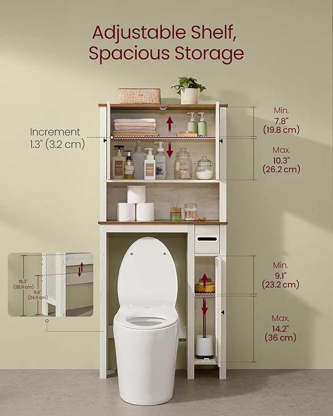 VASAGLE LIRY Collection - Over-The-Toilet Storage Cabinet, 31.3-Inch Wide Farmhouse Bathroom Organizer, Barn Doors, Toilet Paper Holder, Adjustable Shelves, Space-Saving, Rustic White UBTS027WJ01S