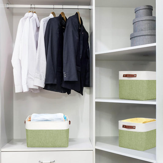 Storage Bins Large Fabric Storage Baskets for Shelves 3 Pack, Decorative Linen Closet Baskets with Handles for Organizing, Shelf, Clothes, Home, Office, 15x11x9.5Inches (Green&White)