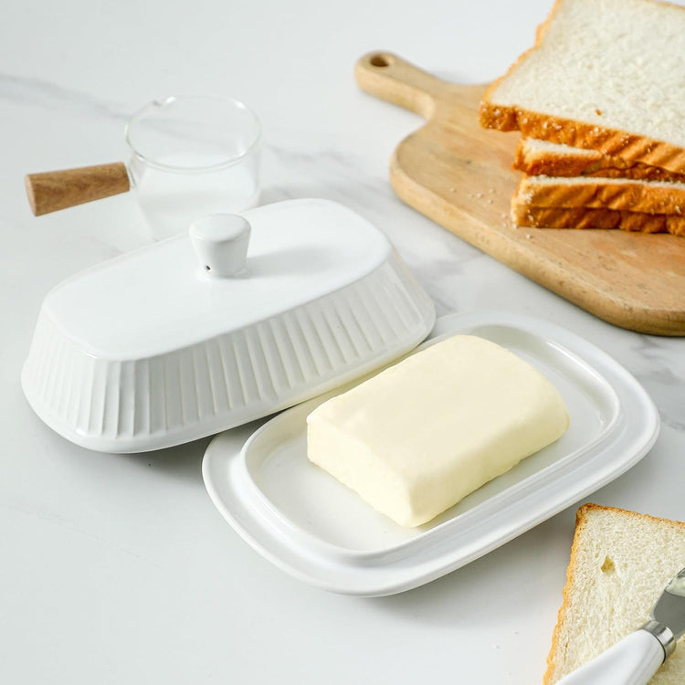 Hansense Porcelain Butter Dish with Lid for Countertop, Ceramic Butter Keeper with Handle Cover, Butter Holder Container Perfect for East and West Coast Butter, Dishwahser Safe, White