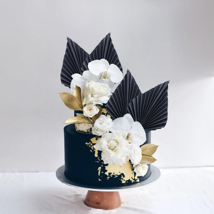 6Pcs Paper Palm Fan Cake Toppers Palm Spear Leaves Fan Cupcake Toppers Cake Insert Decorations Craft DIY Cake Bakeware Decoration for Birthday Party Wedding Party Decor Supplies Black (6 Count)