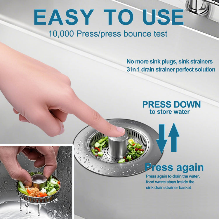 3-in-1 Kitchen Sink Drain Strainer & Stopper, Stainless Steel Food Catcher Plug with Filter Basket, Fits 3-1/2 Inch Drain Hole, Universal Sink Protector Cover, Anti-Clogging, Silver (Sus304, 1 Pack)