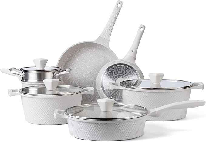Country Kitchen Non-Stick Cast Aluminum Cookware Set - Durable Kitchen Cookware for Everyday Cooking, Cream Rhombus, 11 Pc.