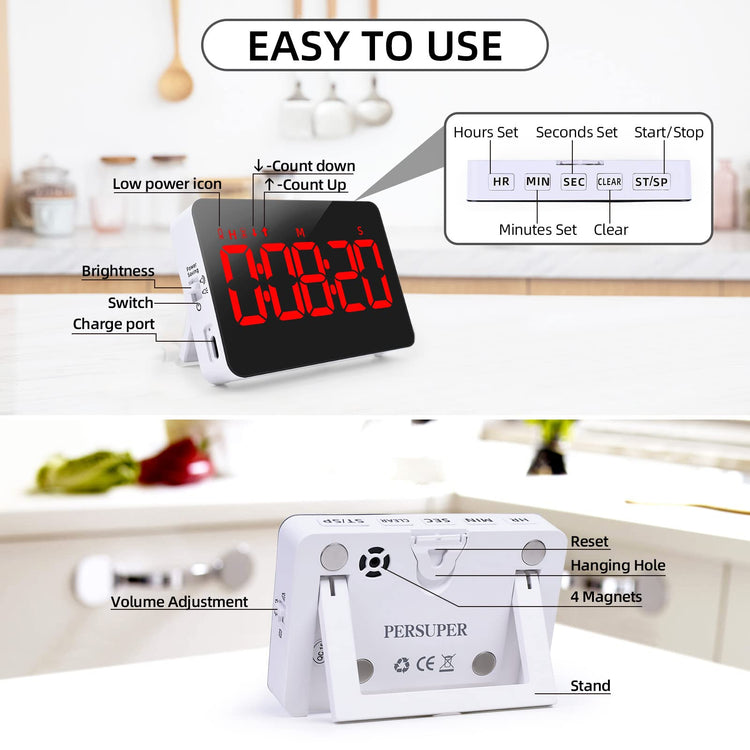 Digital Timer Kitchen Timer Count Down Up Rechargeable Kitchen Gadgets Vibration Mode Adjustable Volume and Brightness LED Display Time Management for Cook
