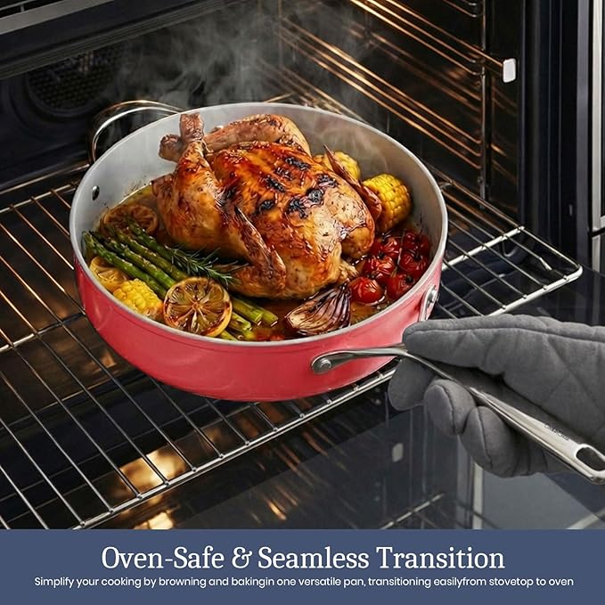 CookinCraze Ceramic Cookware Set, Pots and Pans Set Nonstick with Lid PFAS & PFOA Free, Induction Compatible Oven Safe Up to 500°F Even Heat Distribution, Coral Red